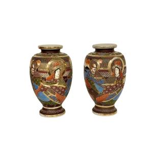Pair Of Japanese Satsuma 'moriage' Vases With 'immortals' Design