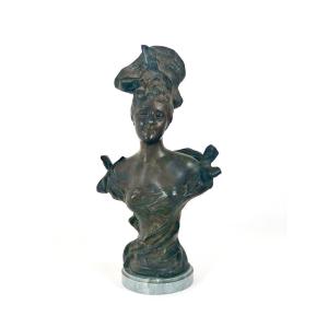 French Antique Patinated Bronze Bust Of An Elegant Woman