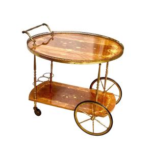 1950s Italian Drop-leaf Bar Cart With Brass And Marquetry