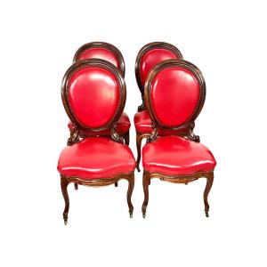 19th Century French Set Of Four Rosewood And Red Leather Dining Chairs