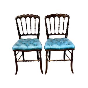 Paire de Chaises d'Opéra d'Epoque Napoléon III  en Cuir Bleu