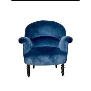 Fauteuil Crapaud  en Velours Bleu Nuit d'Epoque Napoleon III