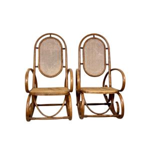 19th Century Rare Pair Of Beechwood And Cane Rocking Chairs