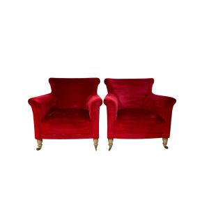 Pair Of Napoleon III Period Crimson Velvet Bergere Chairs With Wheels