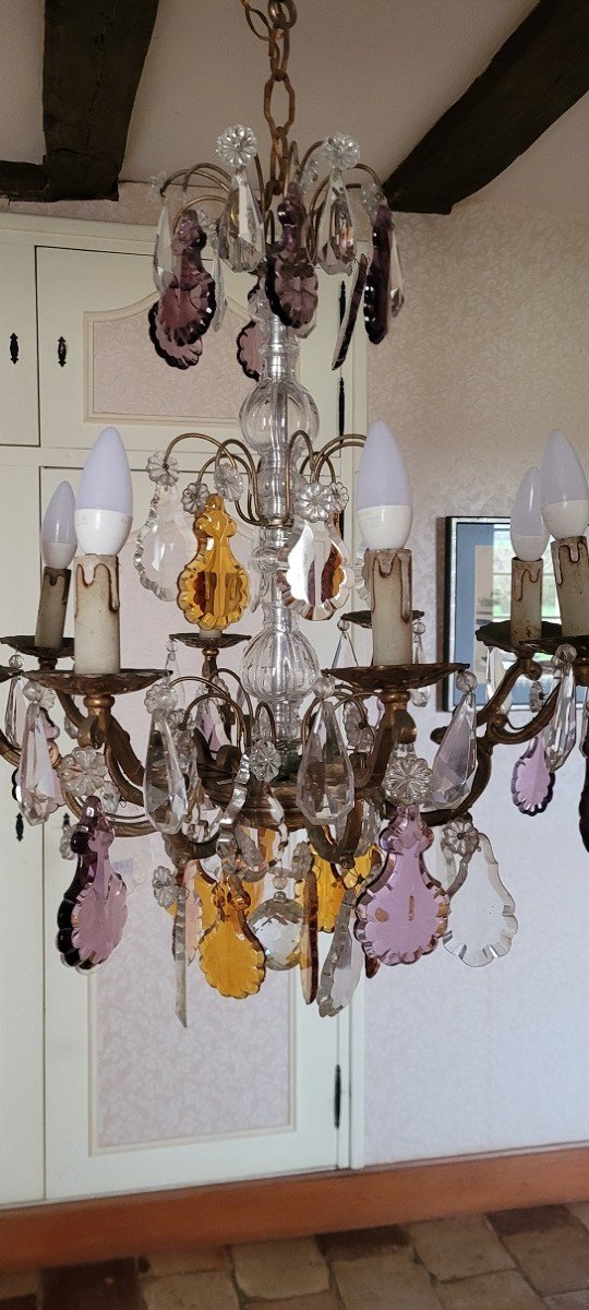Large Bronze Chandelier And Colored Pendants-photo-1