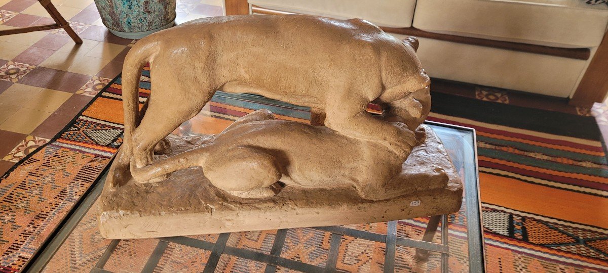 Terracotta “the 2 Panthers” By G. Beauvais-photo-1