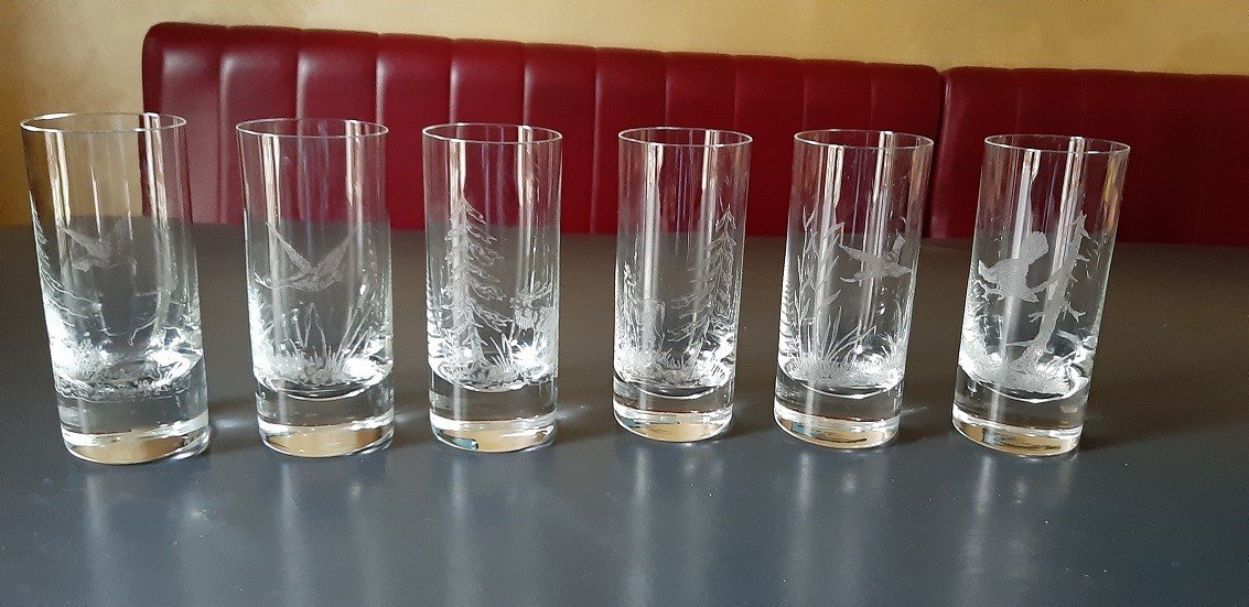 Set Of 6 Moser Engraved Crystal Glasses