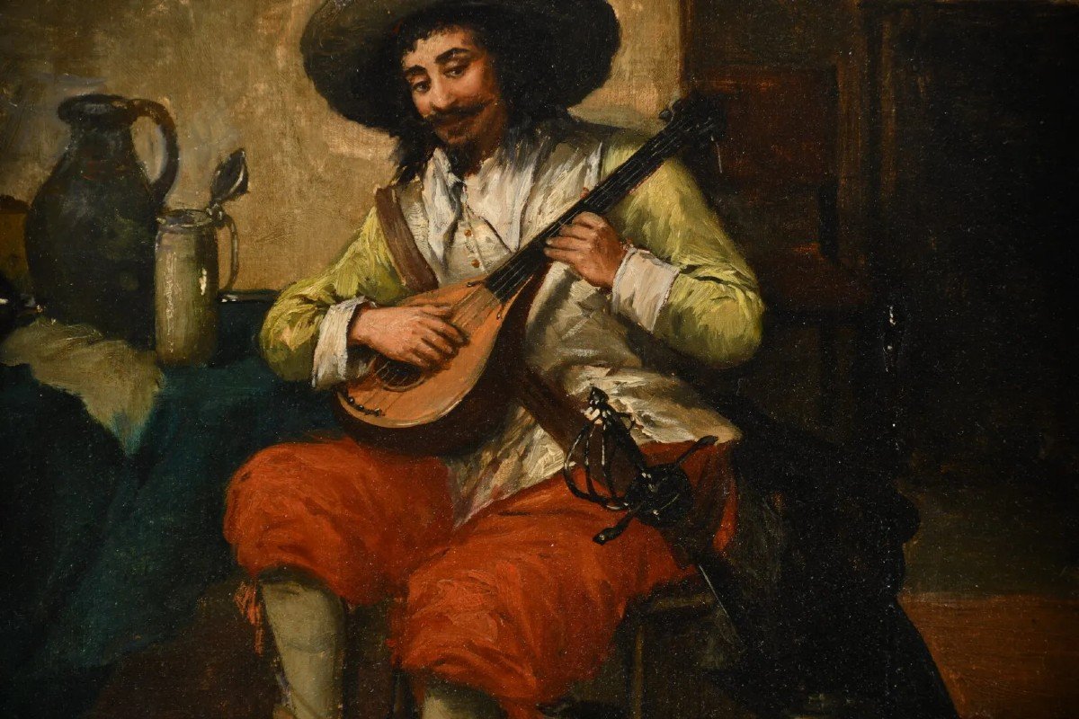 Oil On Canvas "troubadour With Mandolin" By J.dumond-photo-3