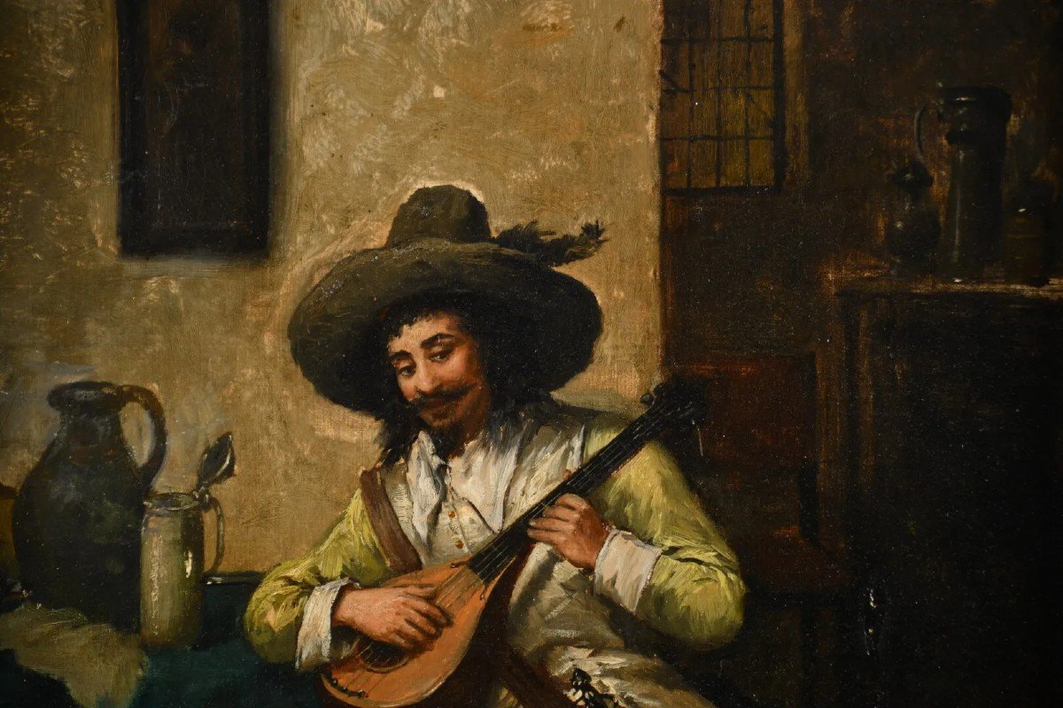 Oil On Canvas "troubadour With Mandolin" By J.dumond-photo-2