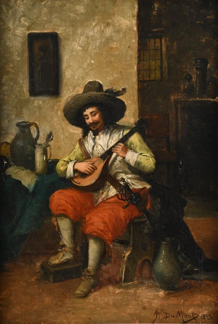 Oil On Canvas "troubadour With Mandolin" By J.dumond