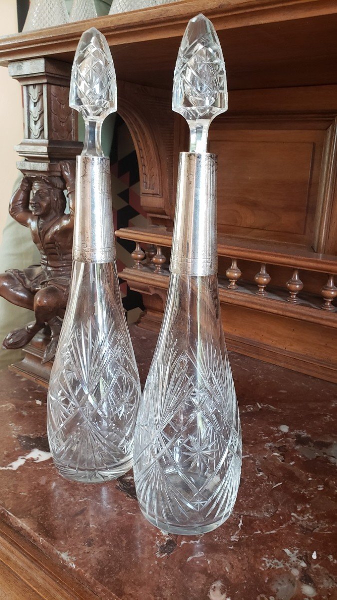 Pair Of Engraved Crystal And Silver Metal Decanters -photo-3