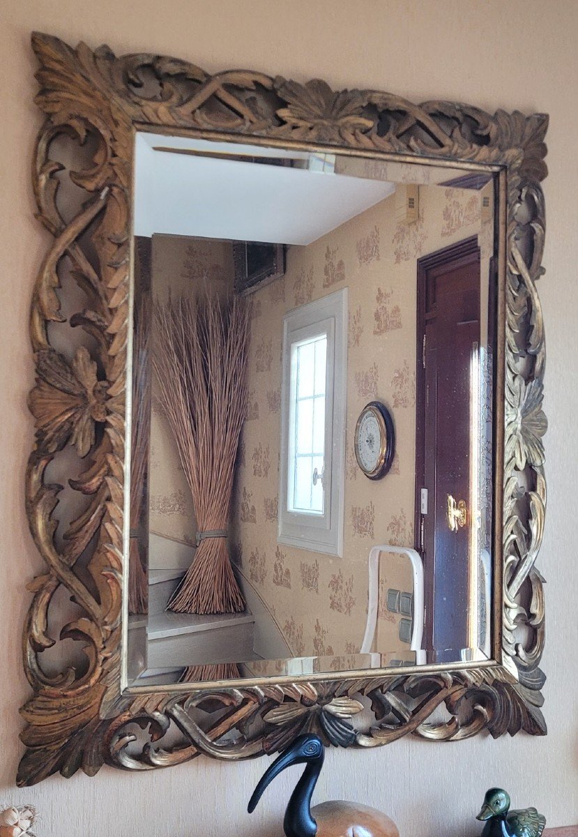 Large Beveled Mirror With Golden Wood Frame