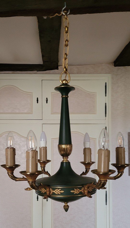 Empire Style Chandelier In Green Sheet Metal