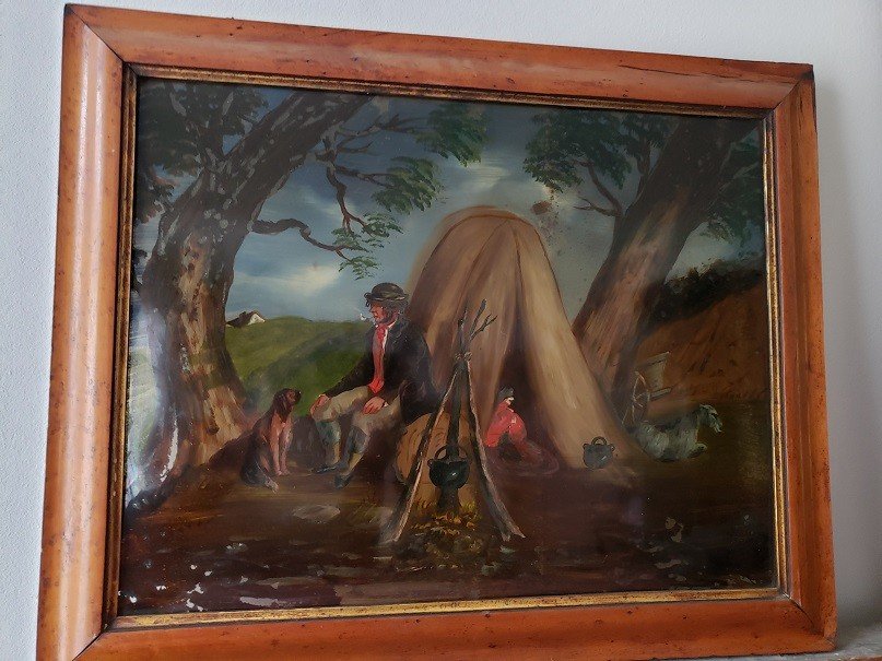 Pair Of Paintings "fixed Under Glass" 19th Century School "charity" And "the Camp"-photo-1