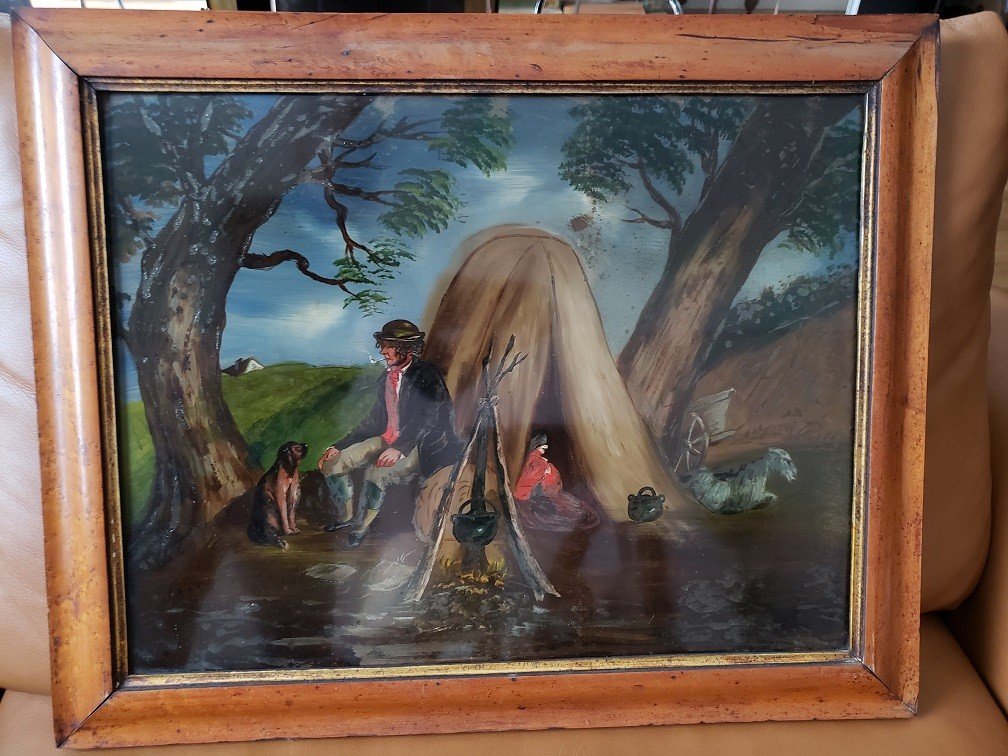 Pair Of Paintings "fixed Under Glass" 19th Century School "charity" And "the Camp"-photo-3