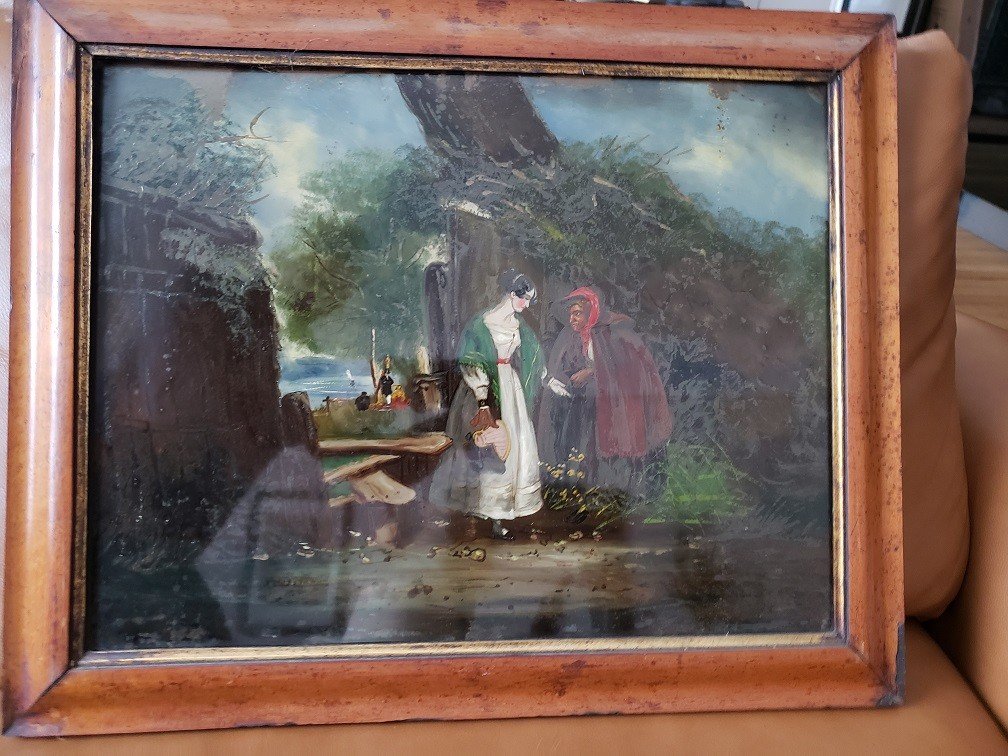 Pair Of Paintings "fixed Under Glass" 19th Century School "charity" And "the Camp"-photo-4