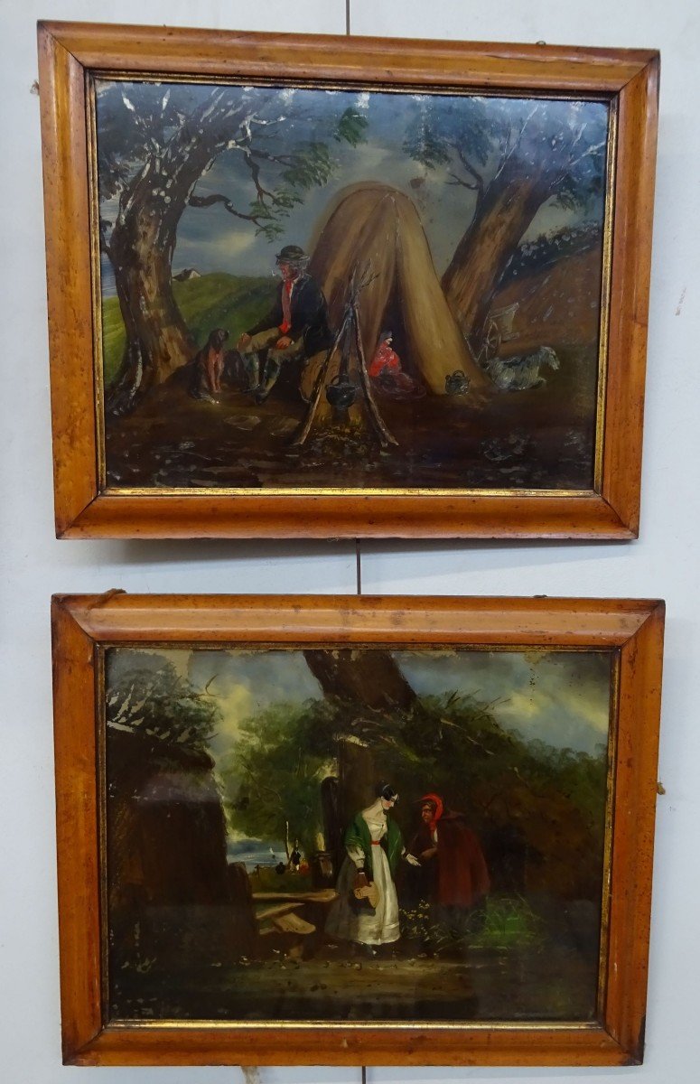 Pair Of Paintings "fixed Under Glass" 19th Century School "charity" And "the Camp"