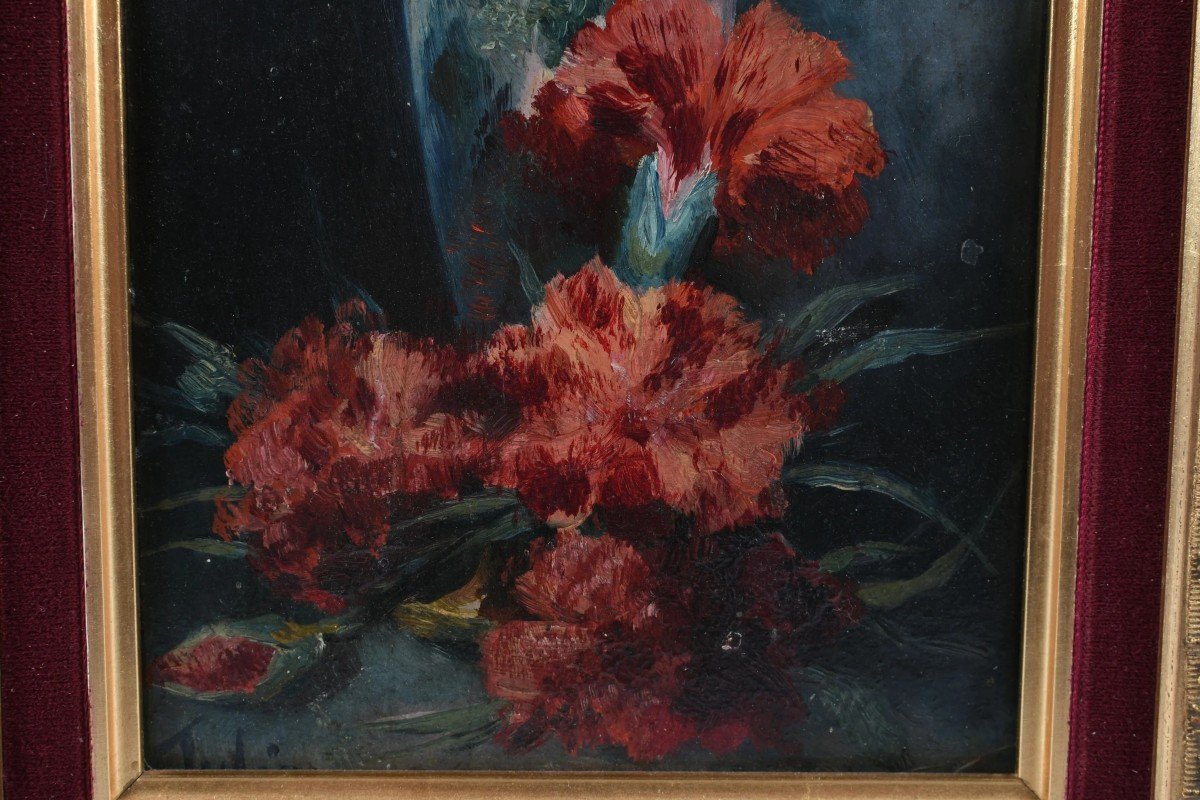 Oil On Cardboard "still Life With Carnations" By Rafael Julia Entraigues-photo-2