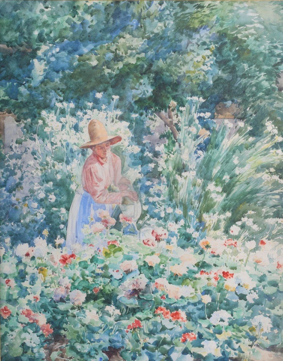 "femme Au Jardin" Aquarelle Sur Papier Attribuée à Louis Adolphe Tessier-photo-2