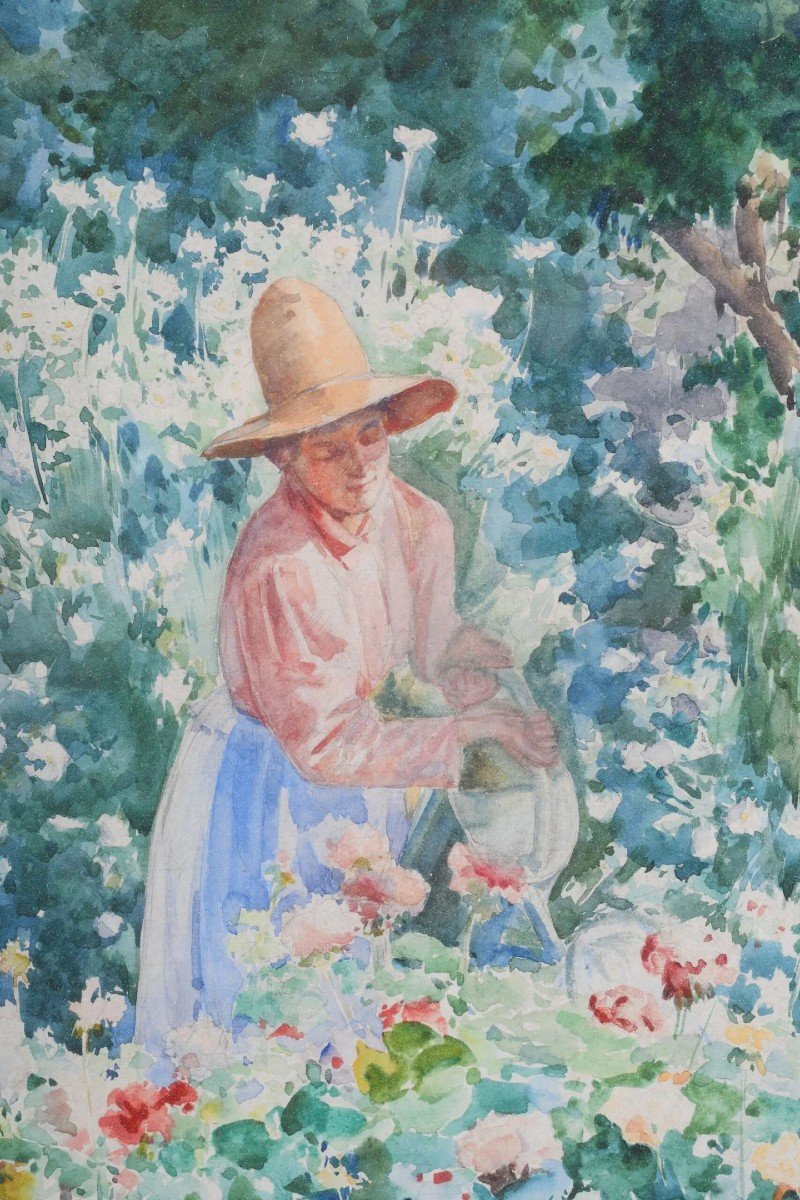 "femme Au Jardin" Aquarelle Sur Papier Attribuée à Louis Adolphe Tessier-photo-3