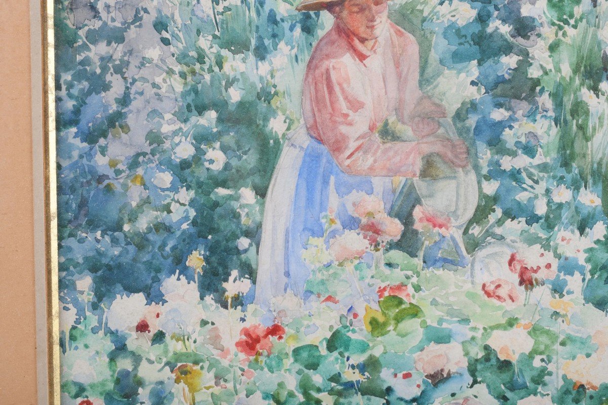 "femme Au Jardin" Aquarelle Sur Papier Attribuée à Louis Adolphe Tessier-photo-2