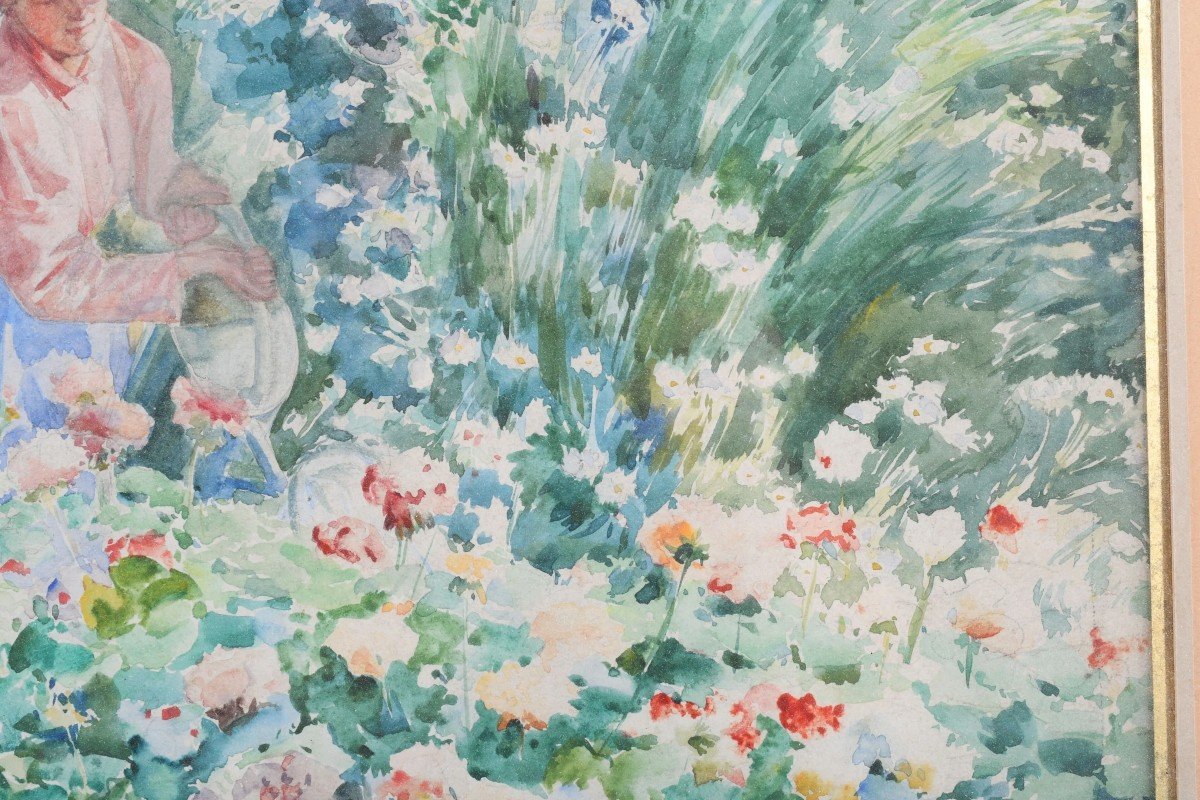 "femme Au Jardin" Aquarelle Sur Papier Attribuée à Louis Adolphe Tessier-photo-4