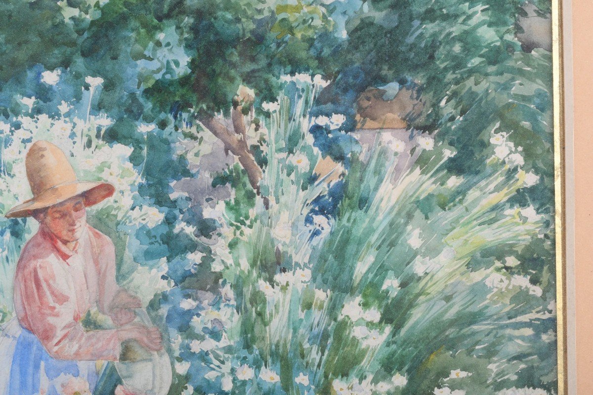 "femme Au Jardin" Aquarelle Sur Papier Attribuée à Louis Adolphe Tessier-photo-5