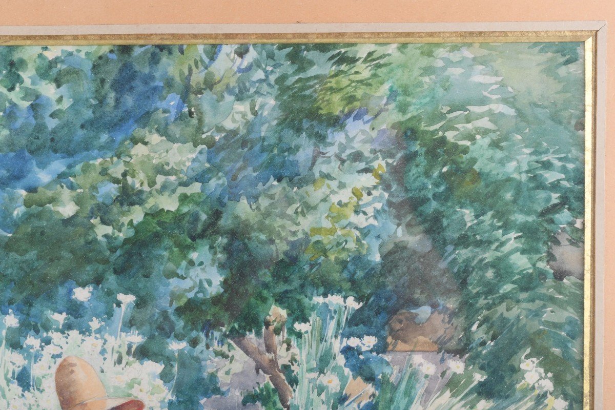 "femme Au Jardin" Aquarelle Sur Papier Attribuée à Louis Adolphe Tessier-photo-6