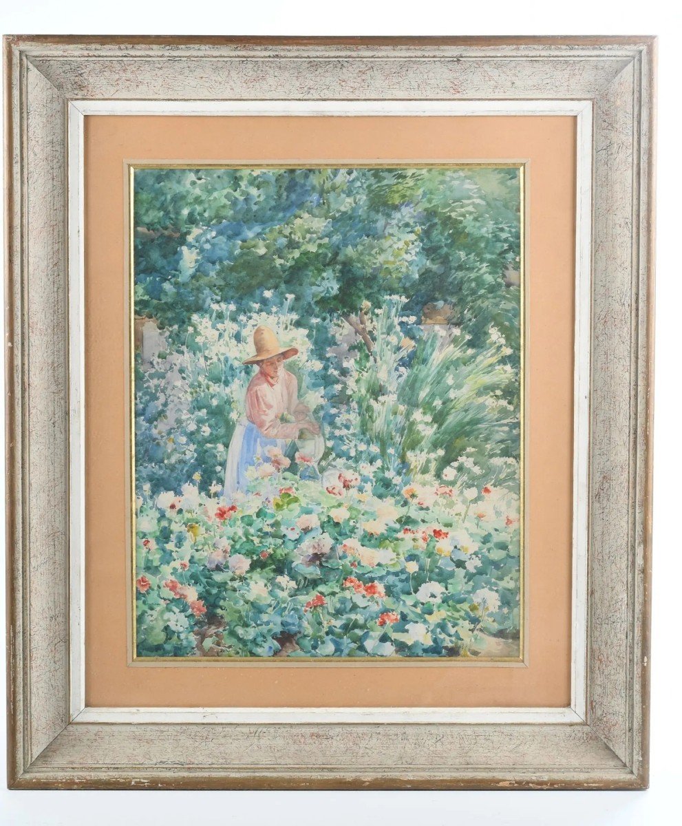 "femme Au Jardin" Aquarelle Sur Papier Attribuée à Louis Adolphe Tessier