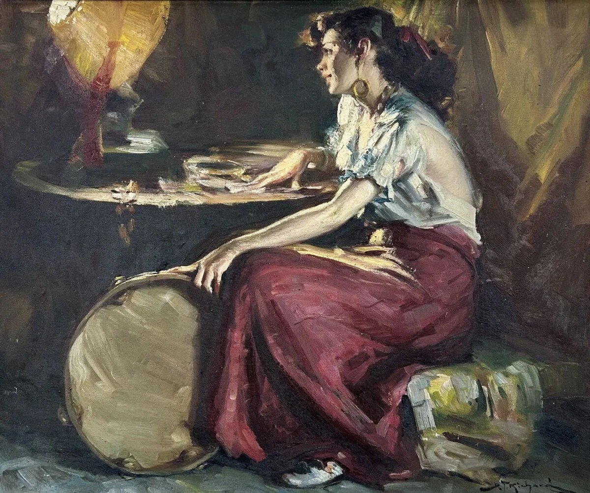 Oil On Canvas "gypsy With A Tambourine" By Richard Durango Togo-photo-2