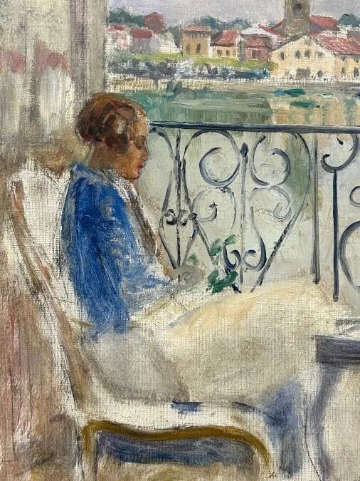 Huile Sur Carton "femme Au Balcon" Attribuée à William Abbott-photo-3