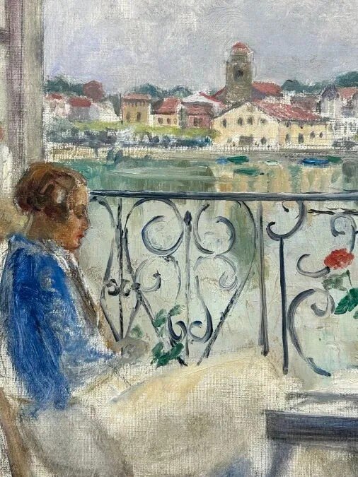 Huile Sur Carton "femme Au Balcon" Attribuée à William Abbott-photo-2