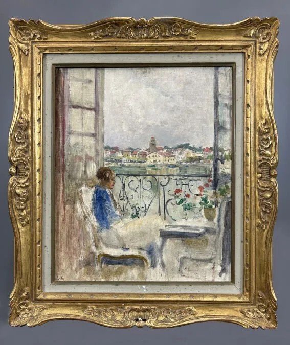 Huile Sur Carton "femme Au Balcon" Attribuée à William Abbott