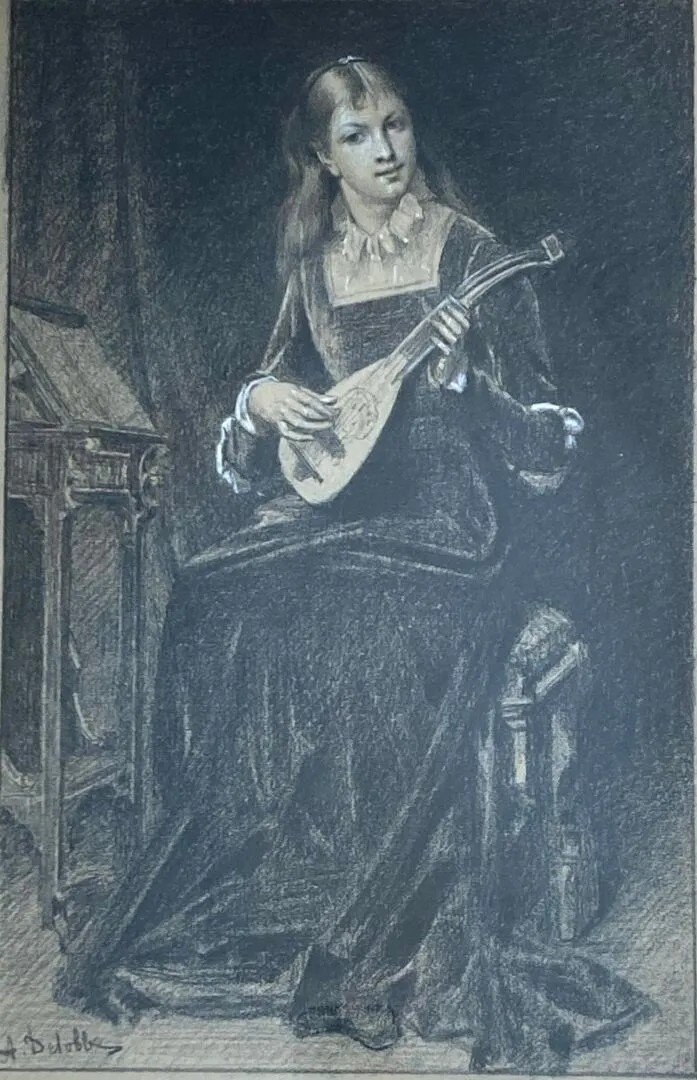 Charcoal "young Girl With A Lute" Attributed To François Alfred Delobbe -photo-2