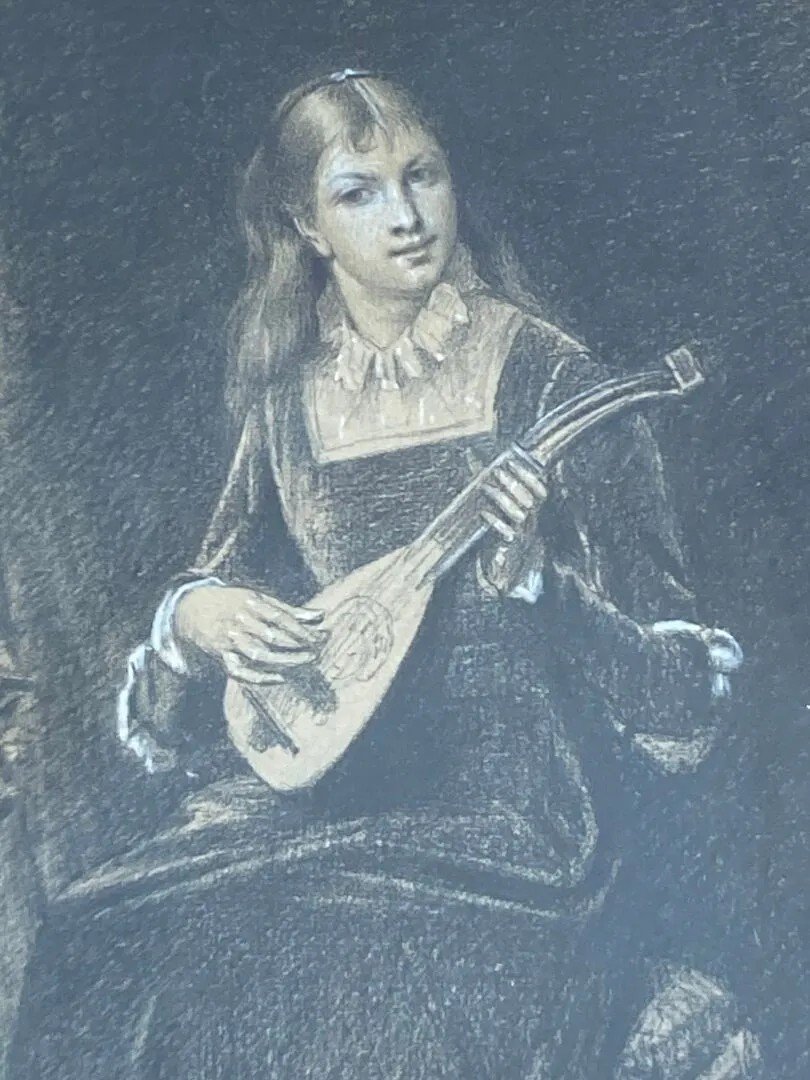 Charcoal "young Girl With A Lute" Attributed To François Alfred Delobbe -photo-4