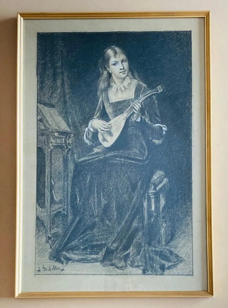 Charcoal "young Girl With A Lute" Attributed To François Alfred Delobbe 