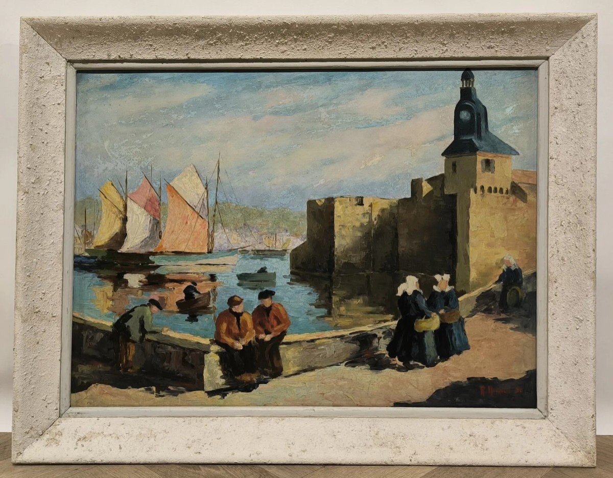 Oil On Isorel By R. Mignot “concarneau, The Port” 