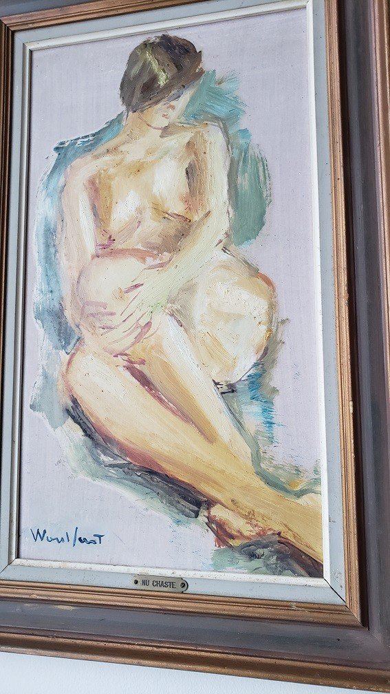 Oil On Hardboard “chaste Nude” By Marius Woulfart (1905-1991) -photo-3