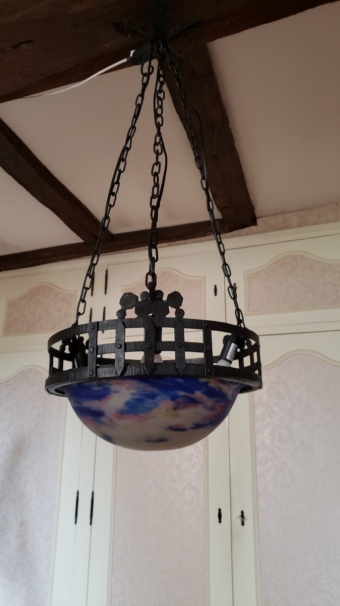 Degue Suspension With Wrought Iron Frame And Shaded Blue Glass Basin. 3 Lights.-photo-2