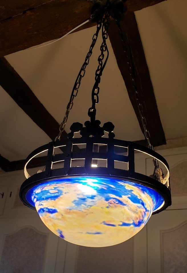 Degue Suspension With Wrought Iron Frame And Shaded Blue Glass Basin. 3 Lights.