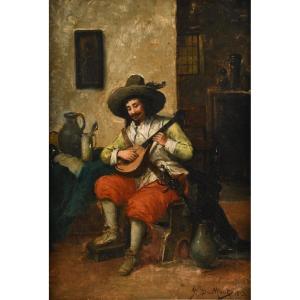 Huile Sur Toile "troubadour à La Mandoline" De J.Dumond