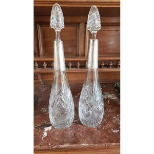 Paire De Carafes Cristal Gravé Et Métal Argenté 