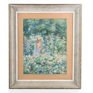 "woman In The Garden" Watercolor On Paper Attributed To Louis Adolphe Tessier