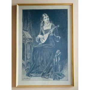 Charcoal "young Girl With A Lute" Attributed To François Alfred Delobbe 