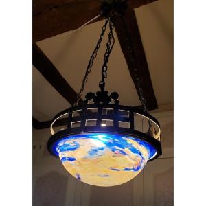 Degue Suspension With Wrought Iron Frame And Shaded Blue Glass Basin. 3 Lights.