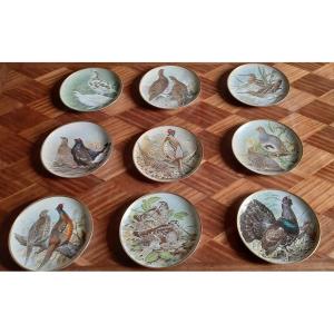 Lot De 9 Assiettes, Franklin Porcelaine, Collection Game Birds Of The World