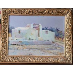 Oil On Panel "white House In Morocco" By E.hilda