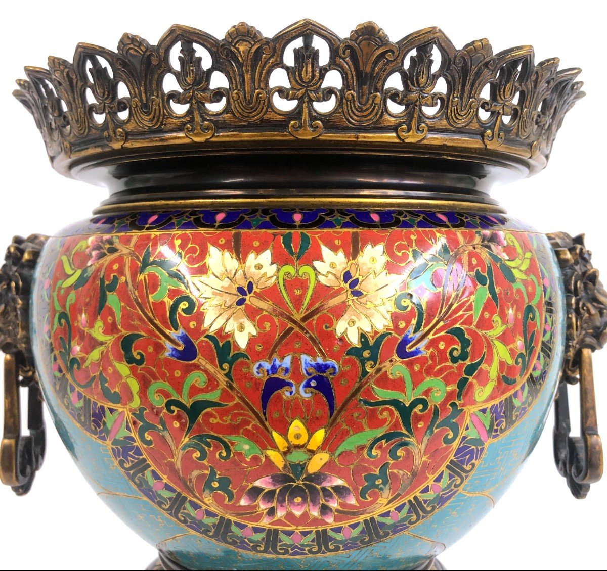 19th C French Barbedienne Style Ormolu Cloisonne Champleve Bronze Planter / Jardinière-photo-2