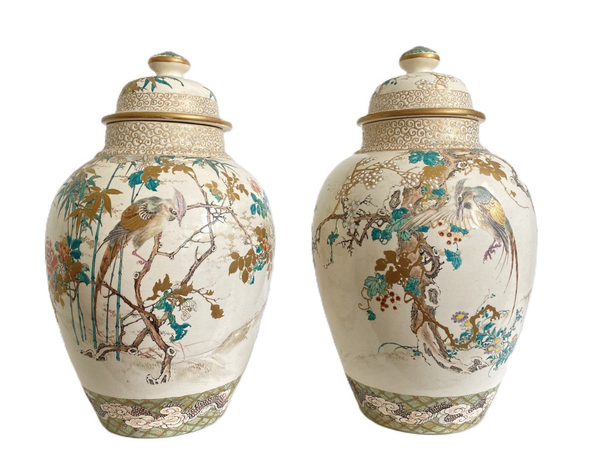 Paire De Vases Potiches Faïence De Satsuma Taizan 