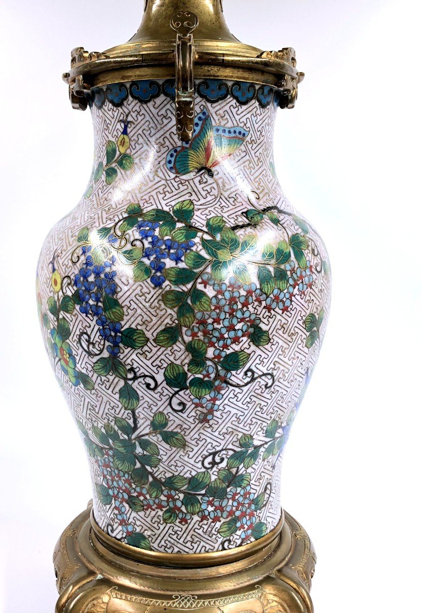 Chinese Cloisonne Baluster Vase Lamp Base Bronze Mount-photo-3